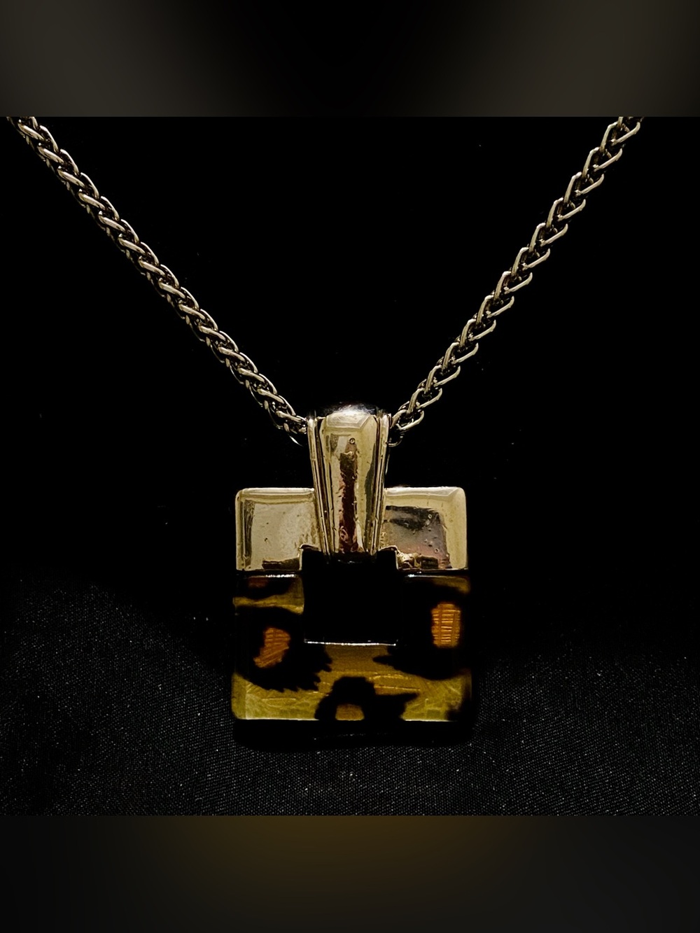 Silver-Tone Geometric Leopard Square Pendant Necklace